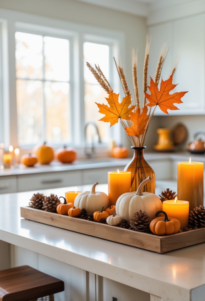 A kitchen island decorated with pumpkins, candles, pinecones, and fall leaves in a bright kitchen.