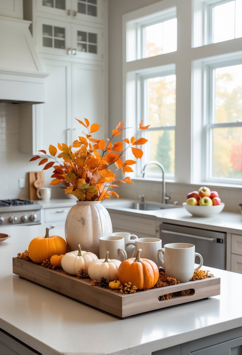 A kitchen island decorated with pumpkins, gourds, autumn leaves, mugs, apples, and cookbooks in a modern kitchen.