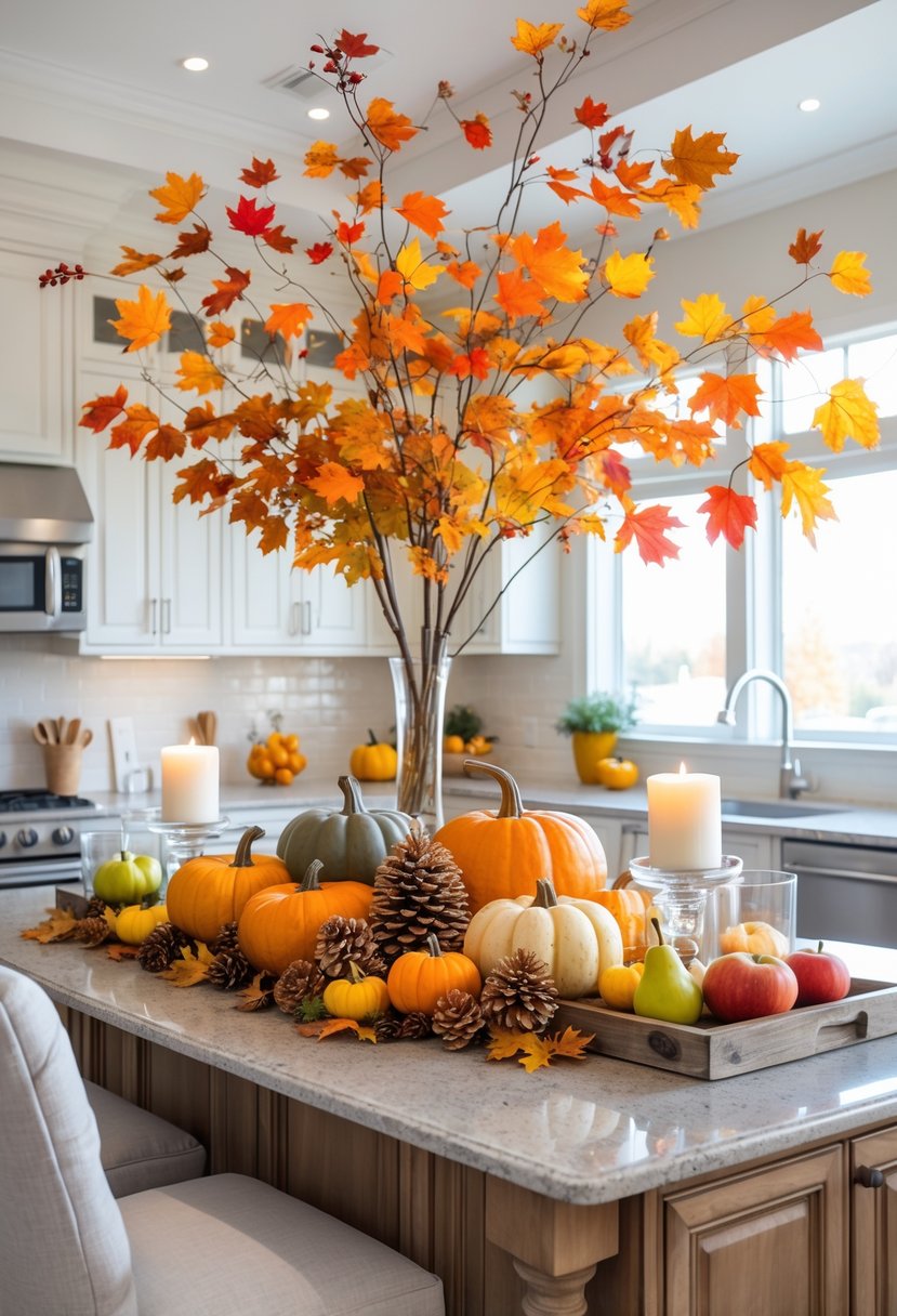 A kitchen island decorated with pumpkins, fall leaves, candles, and seasonal fruits in a bright modern kitchen.