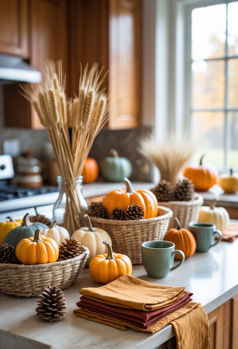 A kitchen island decorated with pumpkins, dried wheat, pinecones, and handmade fabric napkins in autumn colors.