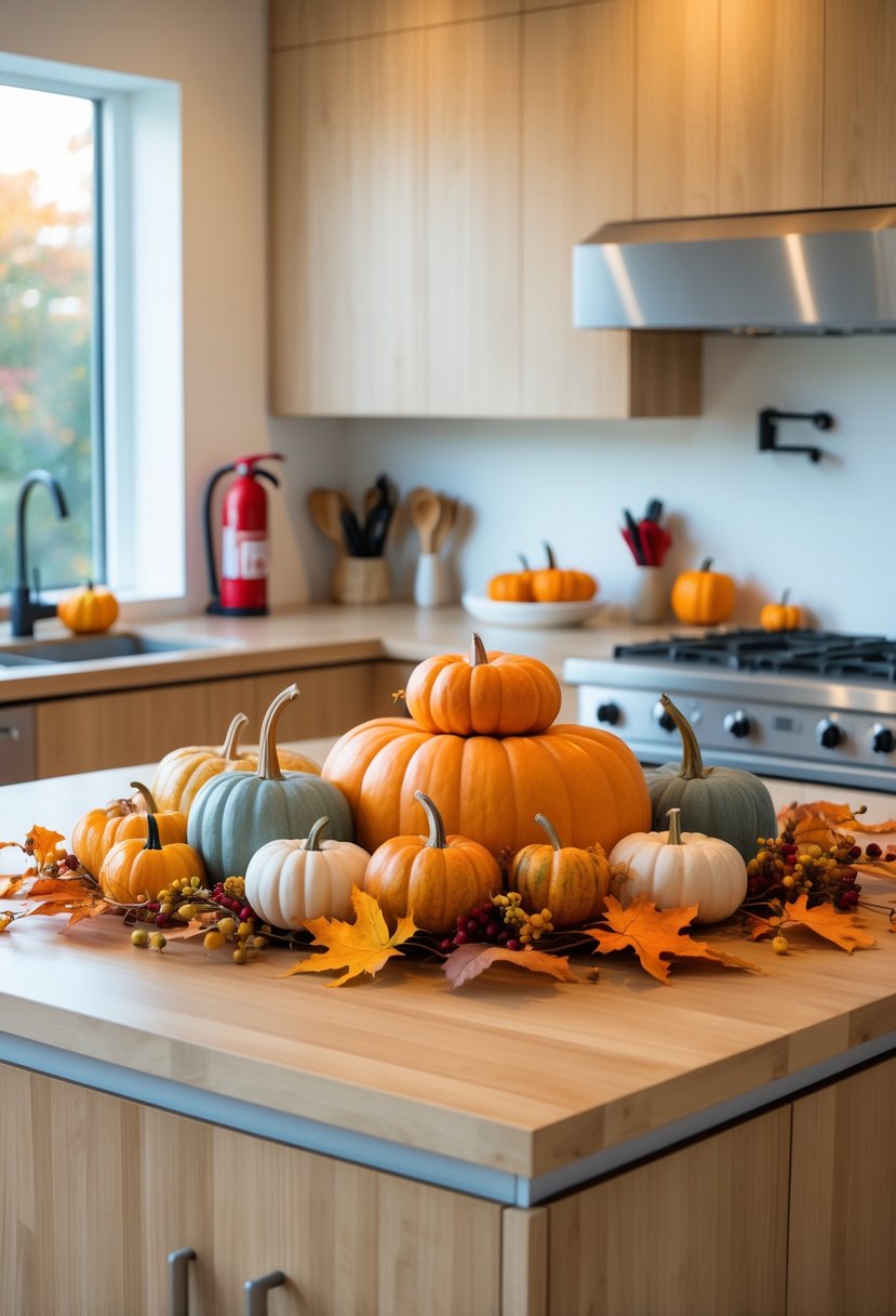 A modern kitchen island decorated with pumpkins, gourds, and fall leaves, with kitchen tools neatly stored and a fire extinguisher visible in the background.
