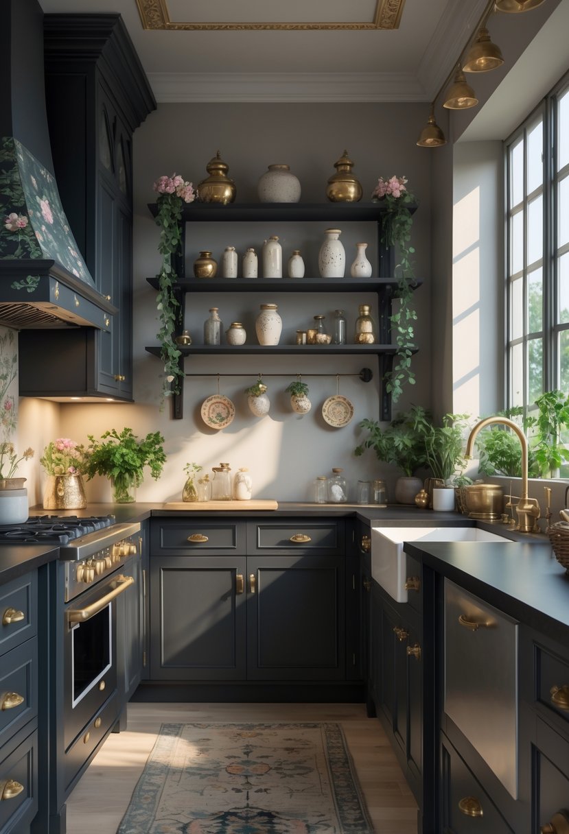 A modern kitchen with dark cabinets, wooden countertops, brass fixtures, plants, and soft natural light creating a warm and inviting atmosphere.