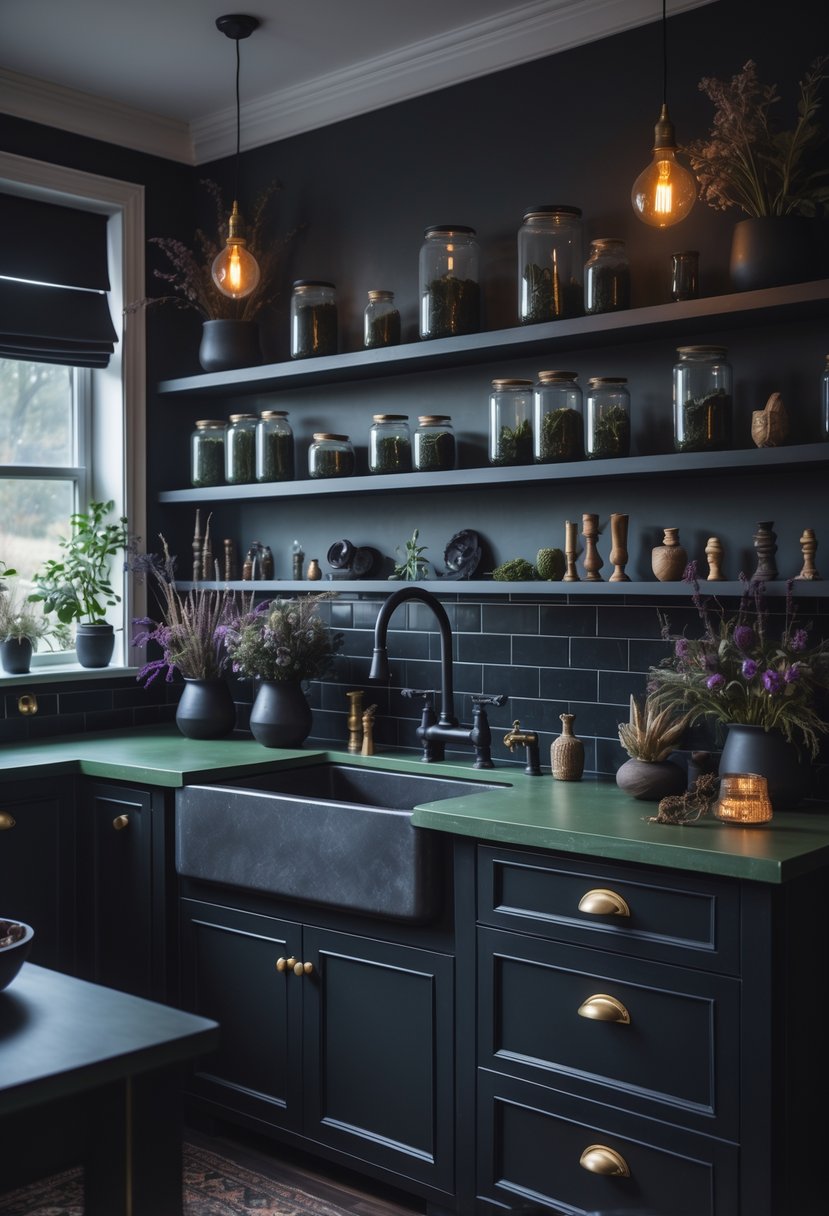 A kitchen with dark cabinetry, wooden island, hanging lights, and shelves displaying jars, plants, and candles.