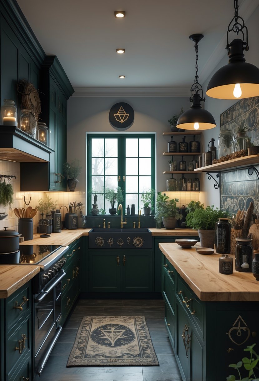 A modern kitchen with dark cabinets, wooden countertops, a central island, plants, candles, and decorative jars arranged on shelves.