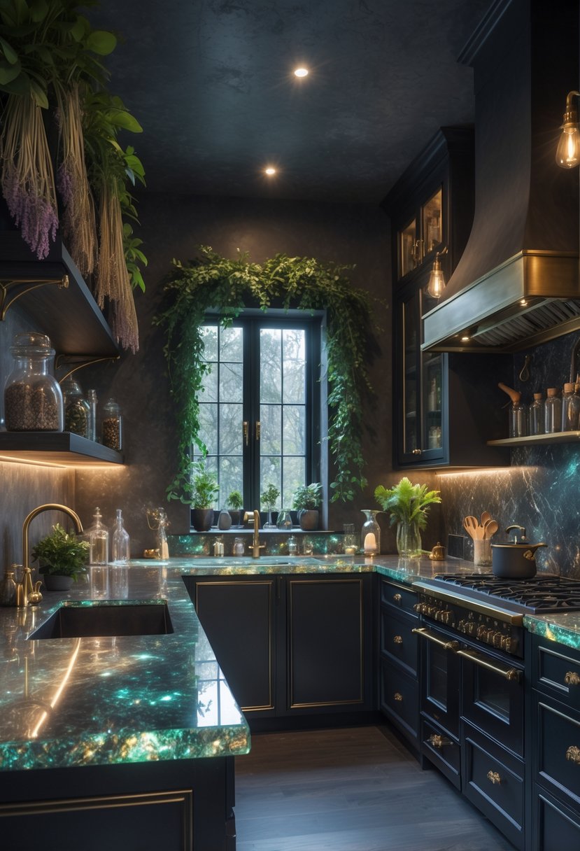 A modern kitchen with dark cabinets, iridescent countertops, warm lighting, plants, and decorative jars on shelves.