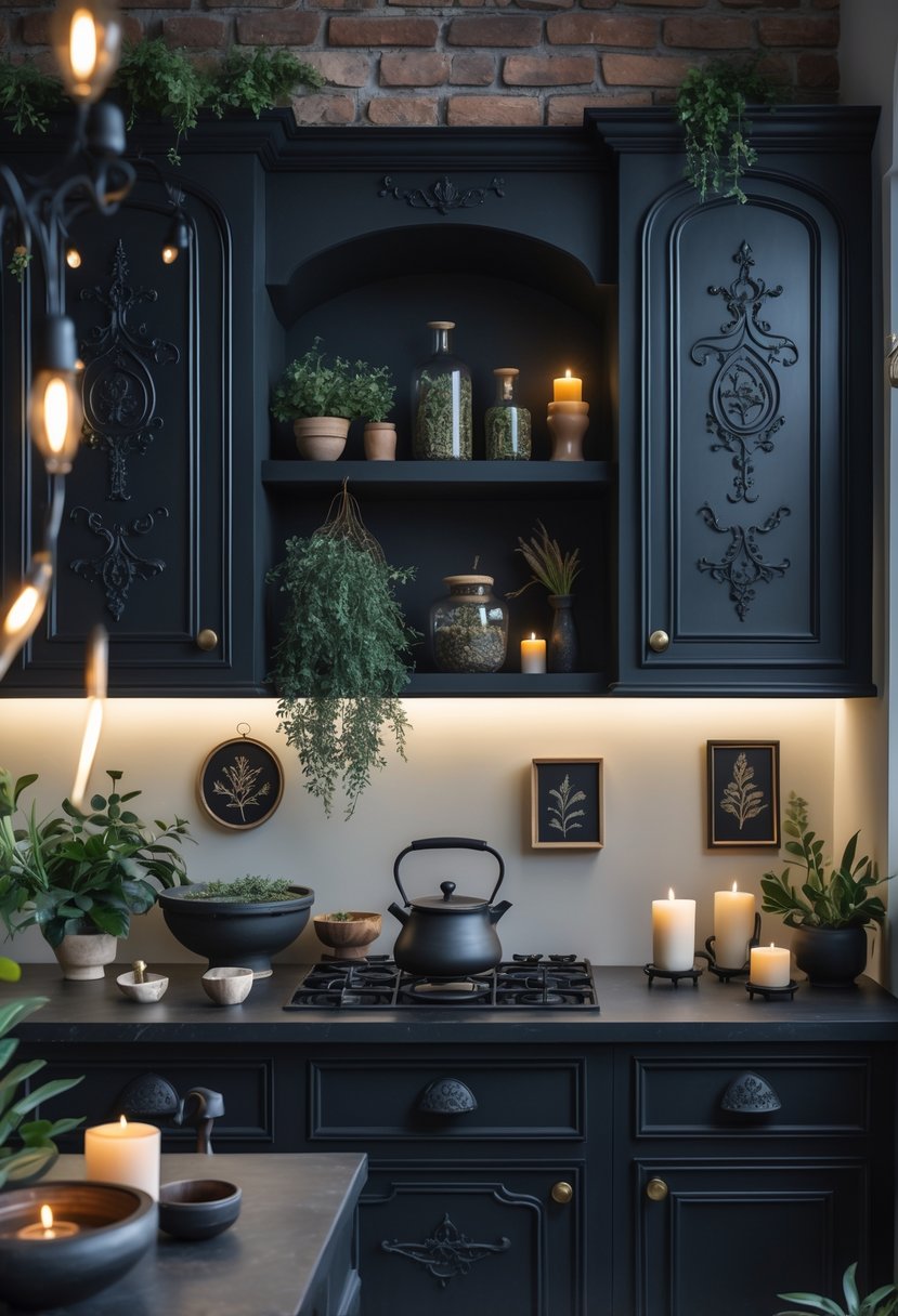 A kitchen with dark cabinets, hanging dried herbs, crystals, potted plants, candles, and rustic brick walls with botanical prints.