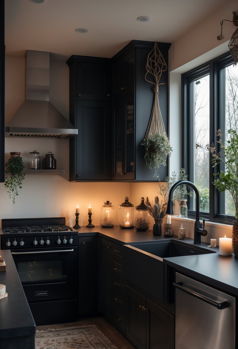 A modern kitchen with sleek appliances, dark wood cabinets, and mystical decorative elements such as crystals and dried herbs, illuminated by warm lighting.