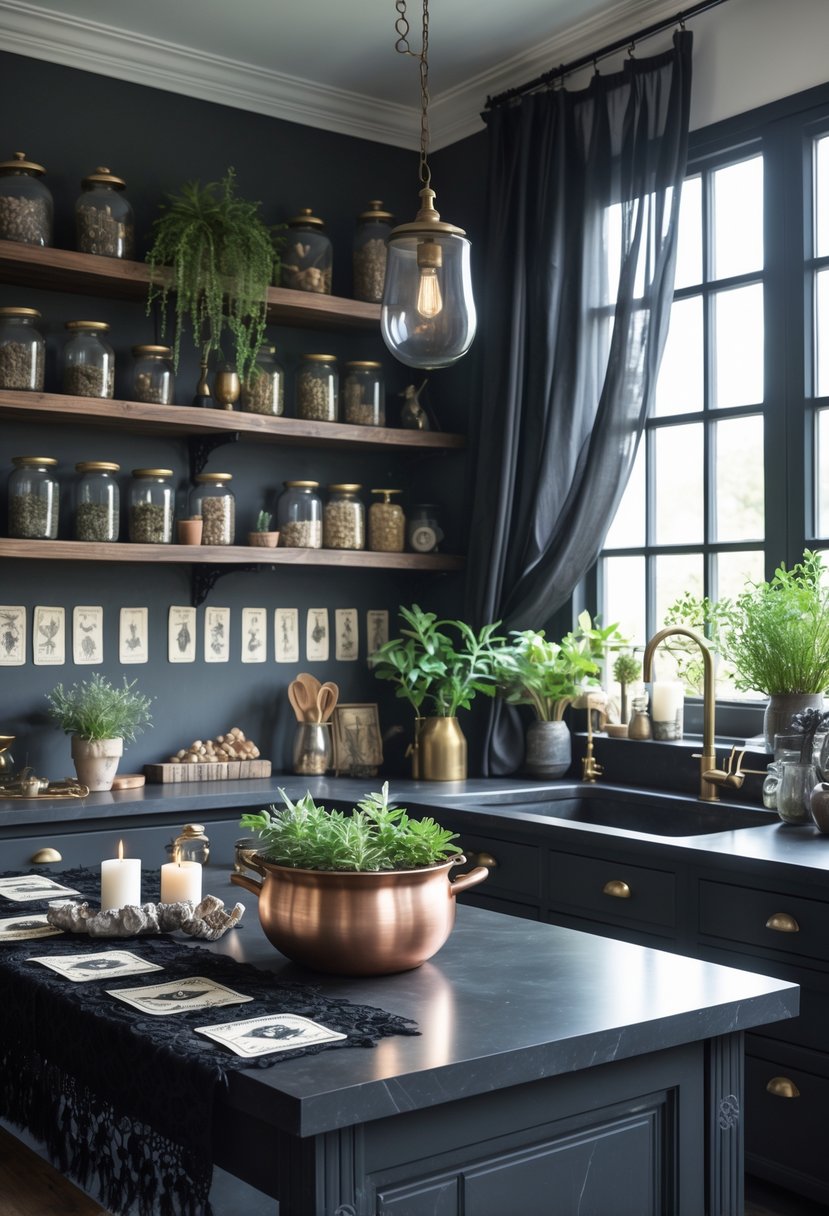 A modern kitchen with dark cabinets, wooden shelves holding jars and crystals, a stone island with plants and candles, and natural light coming through windows.