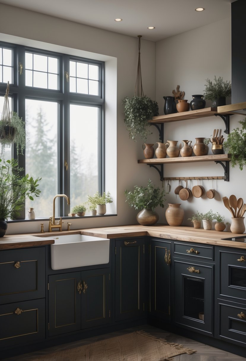 A modern kitchen with dark cabinets, wooden countertops, plants, crystals, and hanging dried herbs bathed in natural light.