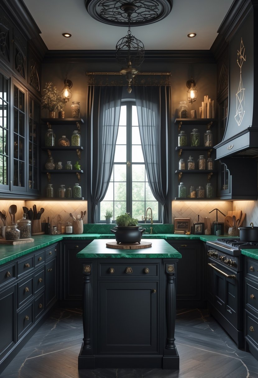 A dark kitchen with black cabinets, green marble countertops, wooden island, and shelves holding jars, herbs, and candles, illuminated by warm ambient light.
