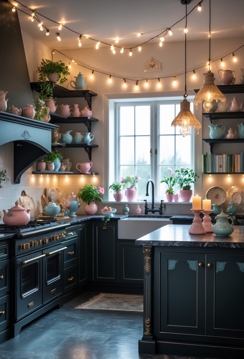 A modern kitchen with dark cabinets, a black marble island, warm fairy lights, pendant lamps, pastel ceramics, plants, and cozy candles creating a welcoming atmosphere.