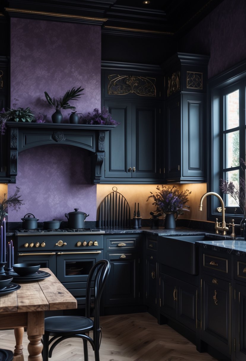 A dark, moody kitchen with deep purple and black cabinetry, wooden accents, black marble countertops, and a rustic dining table set with black dishes and candles.