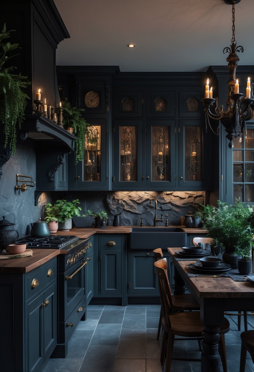 A kitchen interior with dark cabinets, wooden countertops, black iron light fixtures, a wooden dining table, and green plants.