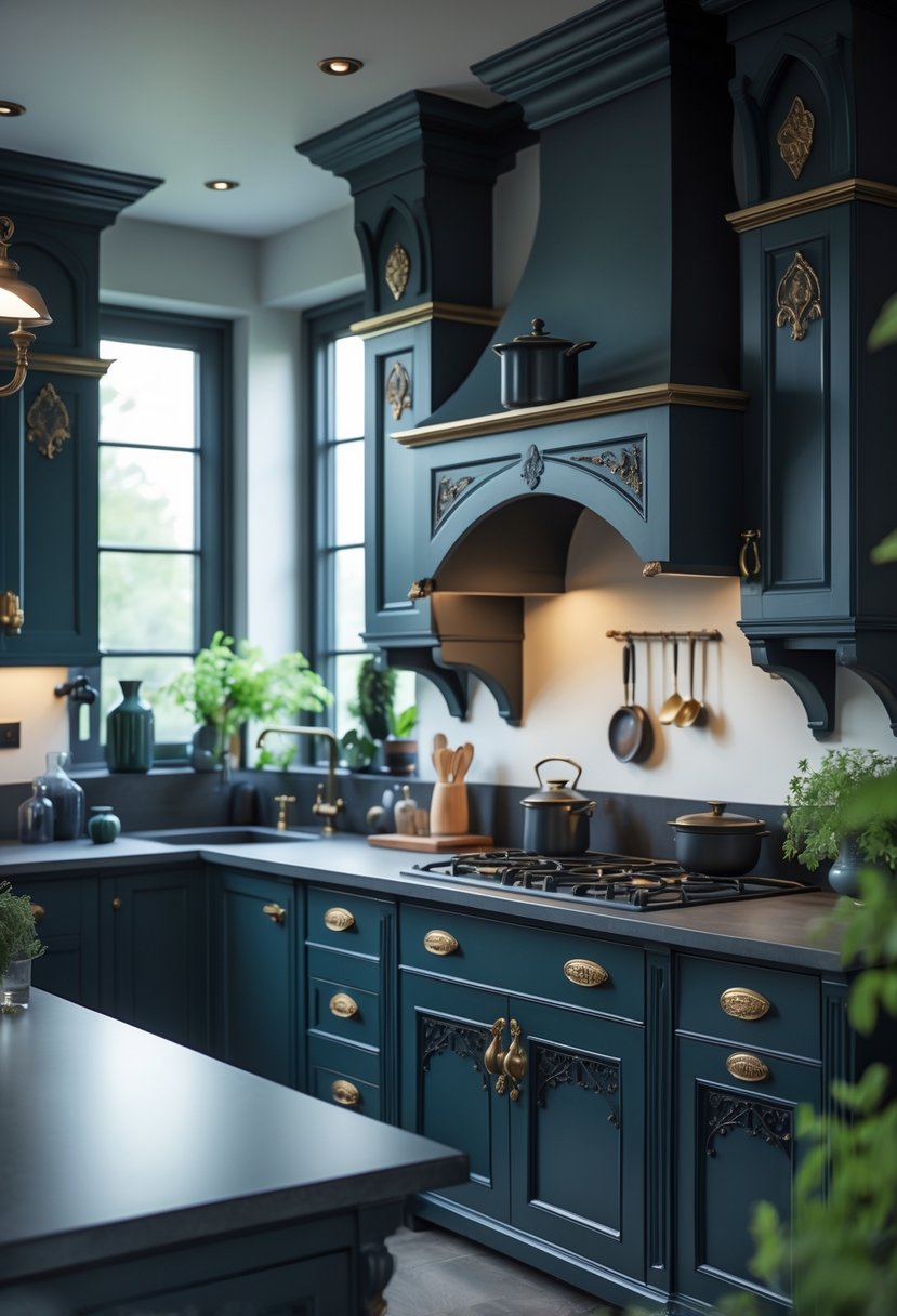 A modern kitchen with dark-colored cabinets and ornate black and brass hardware, featuring a sleek countertop and decorative plants.