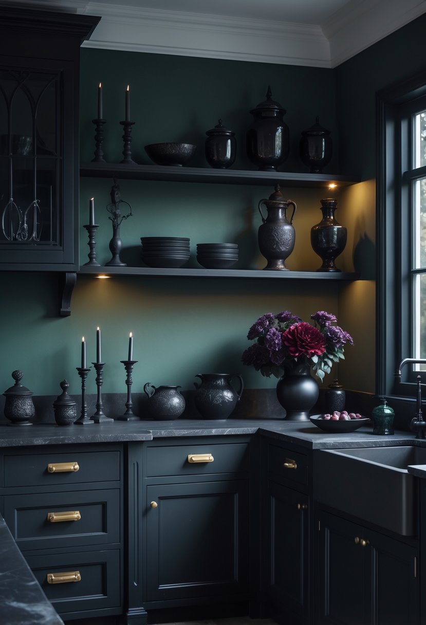 A dark kitchen with black cabinets, green walls, brass hardware, and gothic-inspired decor including candles, glass jars, and dark floral arrangements.