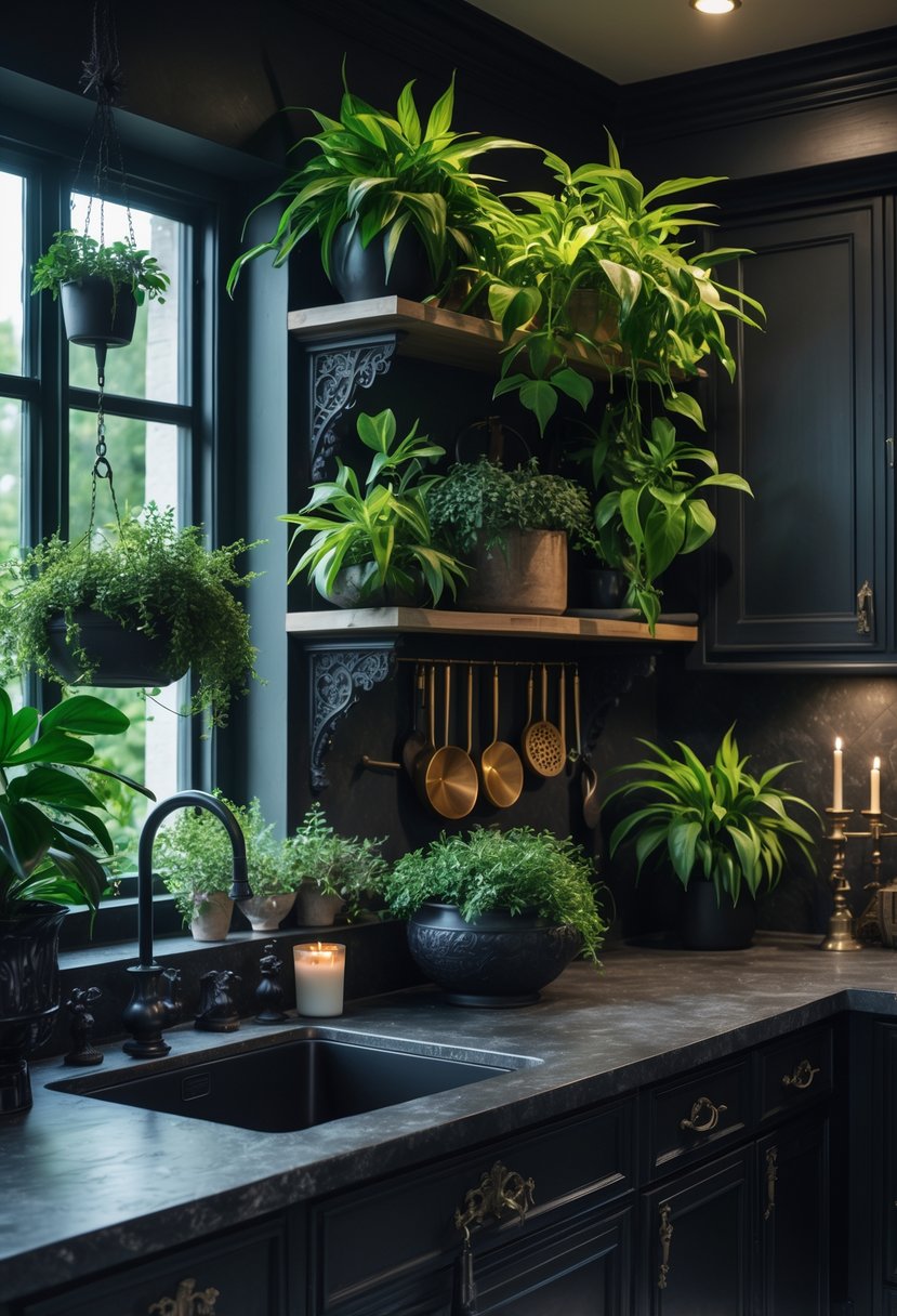 A dark-toned kitchen filled with green plants, dark wood cabinets, and black fixtures, illuminated by warm lighting.