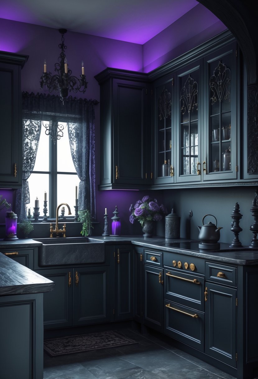 A dark-themed kitchen with black cabinets, wooden countertops, and decorative candle holders, creating a cozy and atmospheric space.