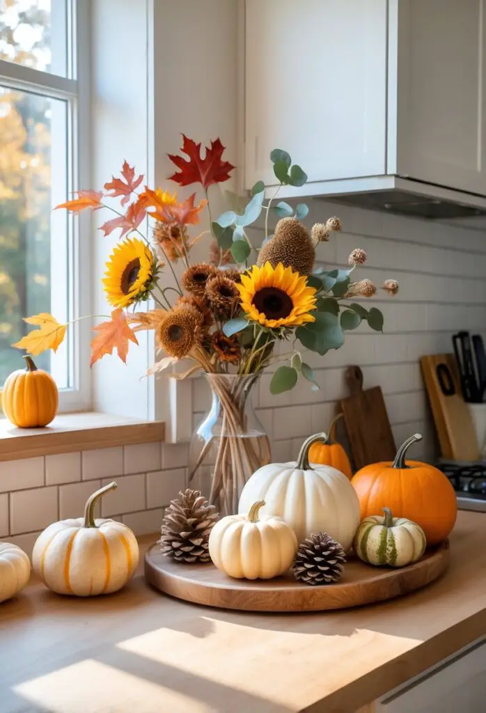 A kitchen countertop decorated with small pumpkins, gourds, autumn leaves, pinecones, cinnamon sticks, and a vase of fall flowers.