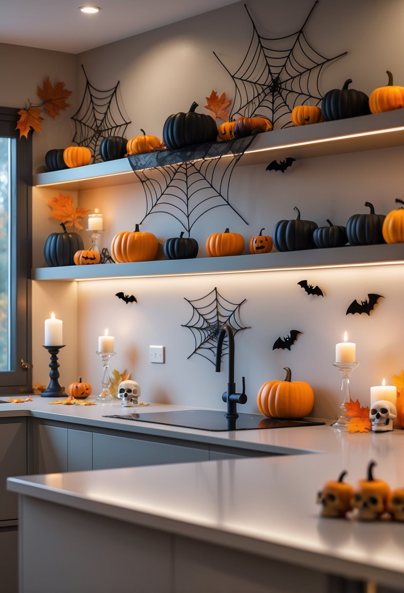 A modern kitchen decorated with Halloween pumpkins, spiderwebs, candles, autumn leaves, and skull ornaments on countertops and shelves.