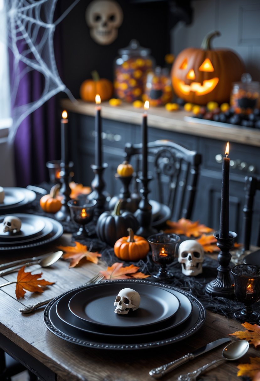 A kitchen dining table set for Halloween with black plates, silver cutlery, black candles, miniature skulls, dried leaves, a glowing carved pumpkin, and jars of candy corn.
