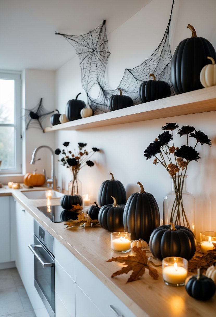 A modern kitchen with white cabinets and wood countertops decorated with black pumpkins, dried flowers, candles, cobwebs, autumn leaves, and small gourds for Halloween.