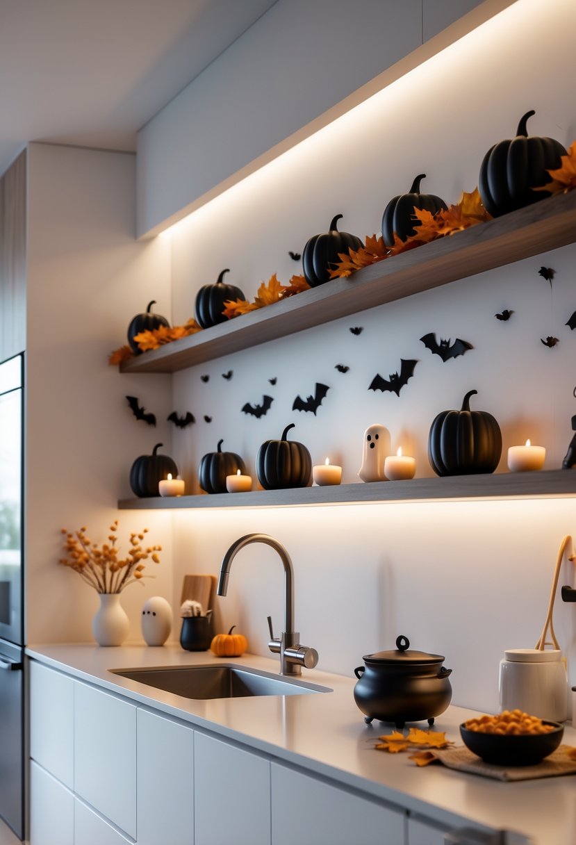 A modern kitchen with white cabinets and wooden shelves decorated with Halloween pumpkins, candles, ghost figurines, and autumn leaves.