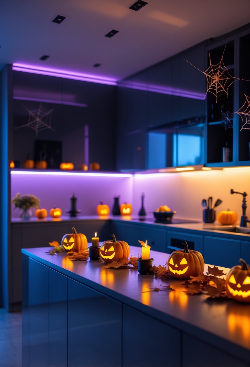A modern kitchen decorated with pumpkins, candles, spider webs, and autumn leaves under warm orange and purple lighting creating a spooky Halloween atmosphere.