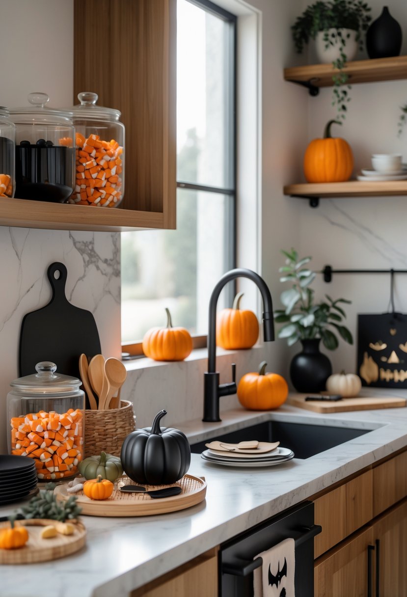 A kitchen countertop decorated with pumpkins, glass jars of candy, black kitchen utensils, and woven baskets holding gourds, with a stove and sink in the background.