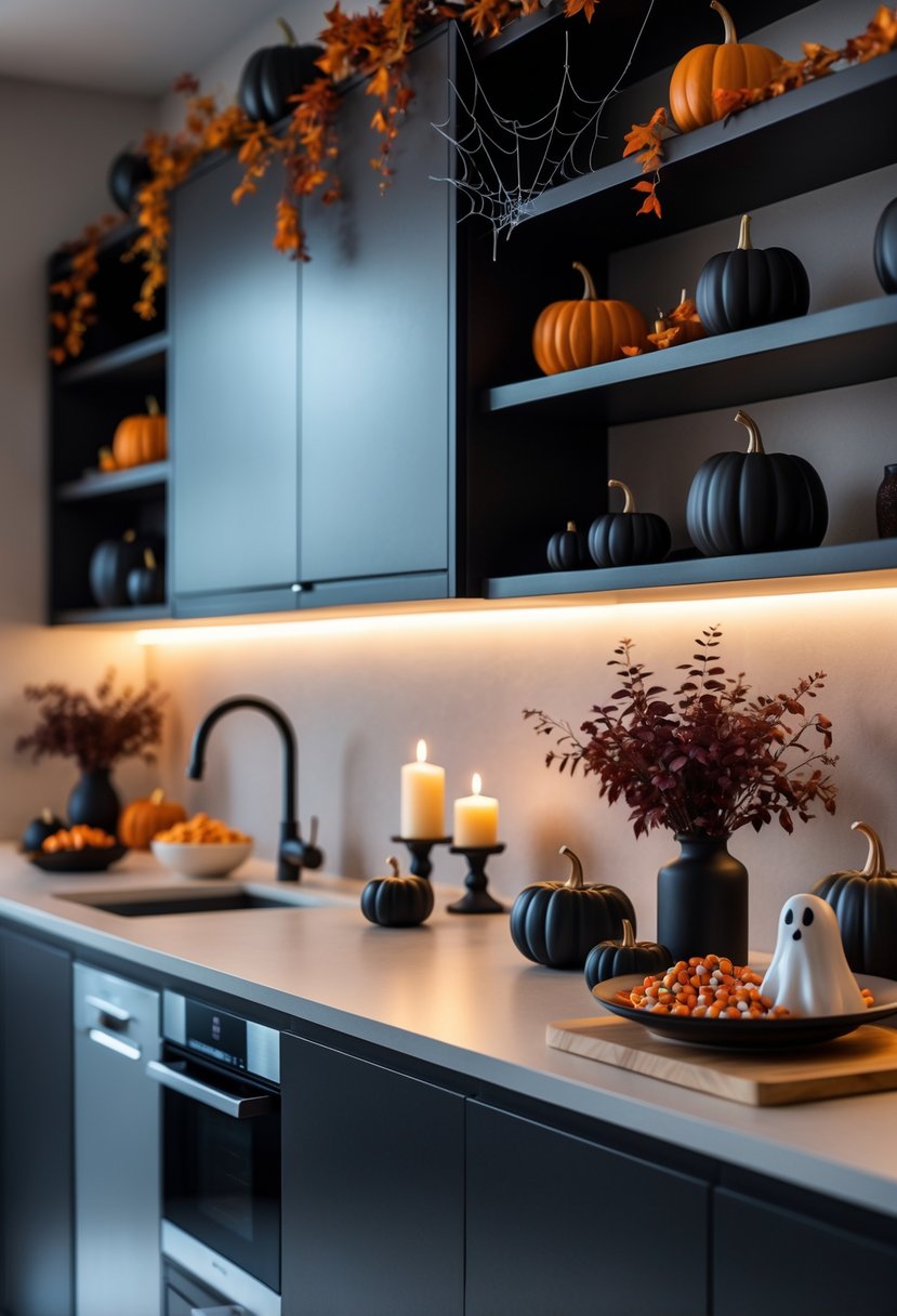 A modern kitchen decorated with Halloween-themed items like black pumpkins, candles, spiderweb accents, and autumn foliage on countertops and shelves.
