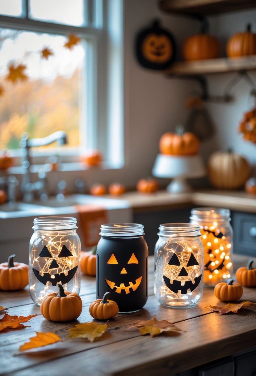 A kitchen countertop decorated for Halloween with mason jars featuring orange lights, painted spooky faces, and surrounded by autumn leaves and small pumpkins.