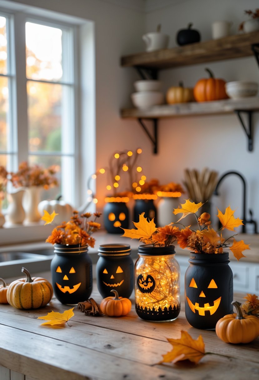 A kitchen countertop decorated with mason jars featuring Halloween designs, surrounded by small pumpkins and autumn decorations.