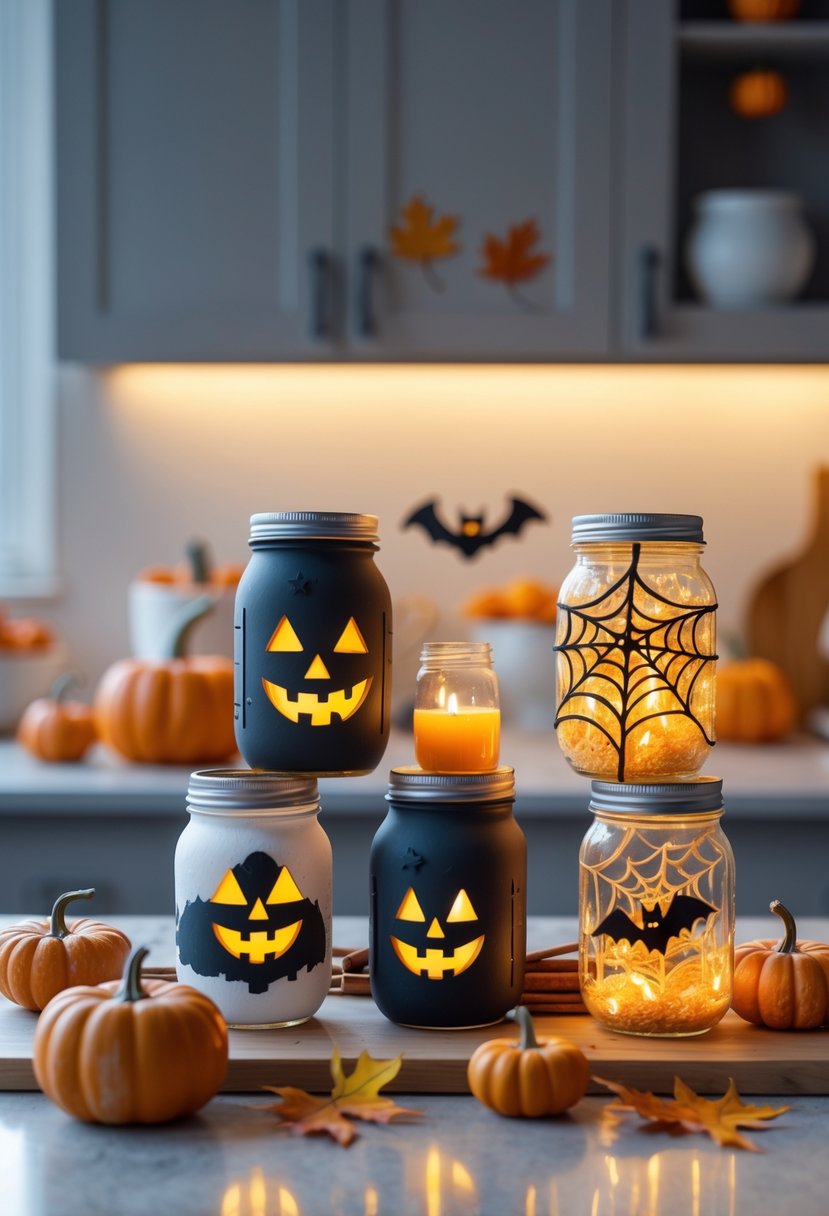 Several decorated mason jars with Halloween designs and glowing lights arranged on a kitchen countertop with pumpkins and autumn decorations.