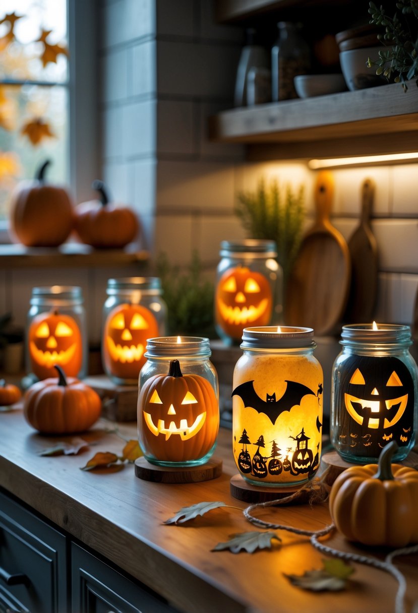 A kitchen countertop decorated with glowing Halloween mason jar lanterns surrounded by small pumpkins and autumn leaves.