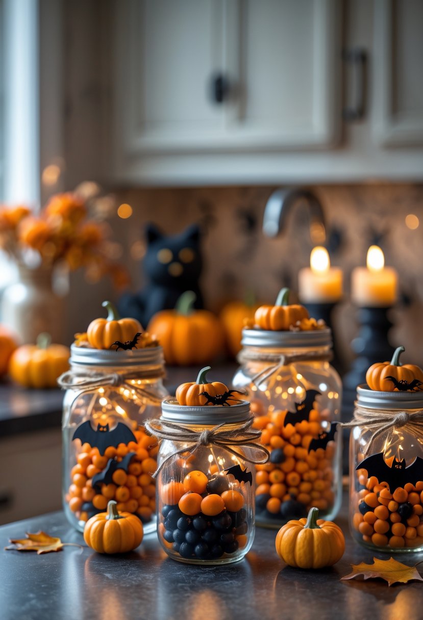 A kitchen countertop decorated with Halloween-themed mason jars filled with candies, small pumpkins, and fairy lights, surrounded by autumn decorations.