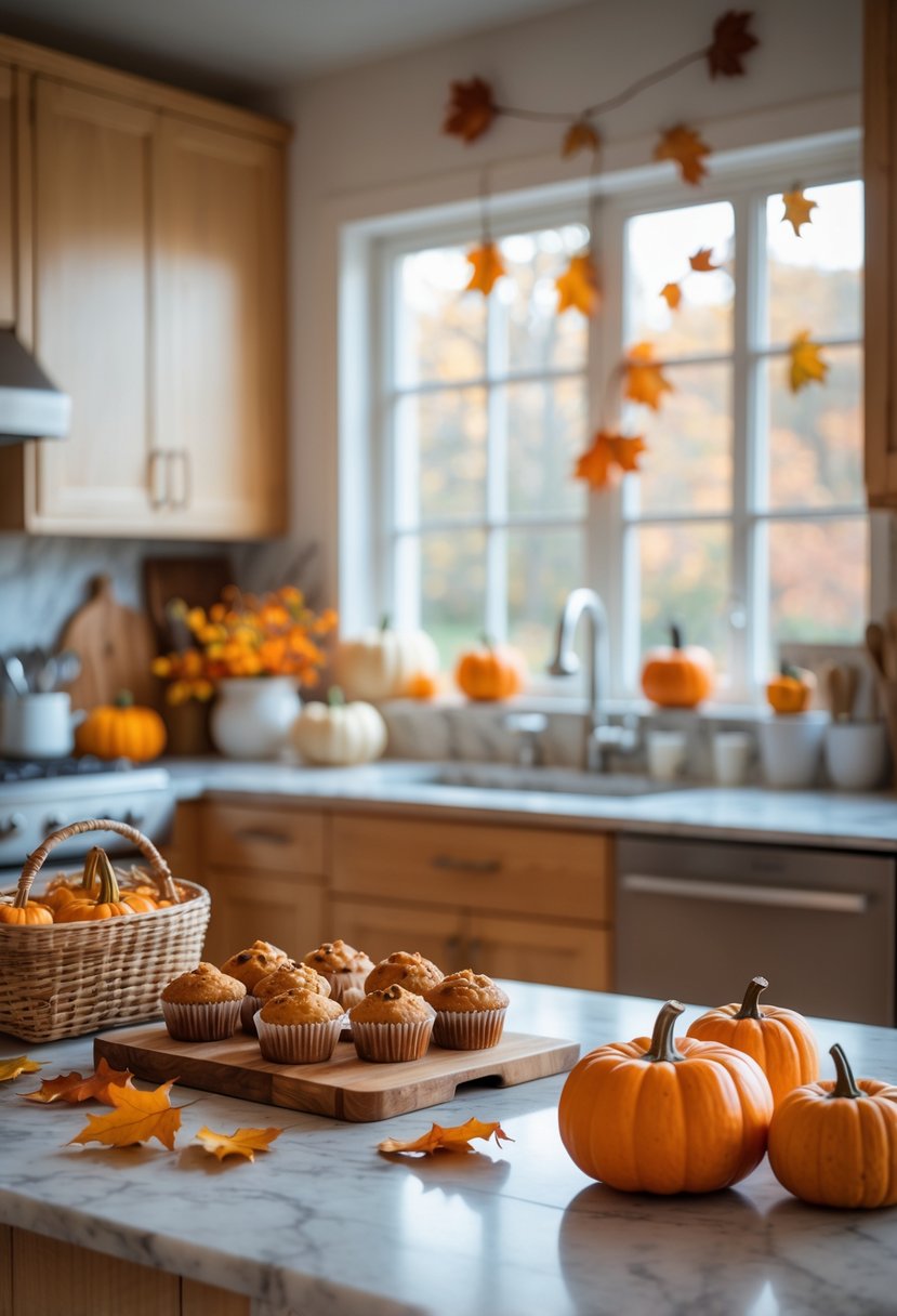 A cozy kitchen with subtle Halloween decorations including small pumpkins and autumn leaves on a countertop, with baked goods and warm lighting.