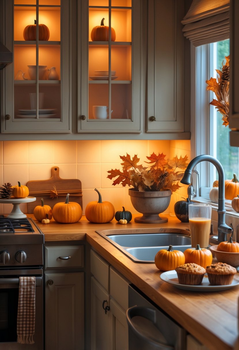 A cozy kitchen with warm lighting, small pumpkins on the countertop, autumn leaves, and a steaming mug with pumpkin muffins nearby.