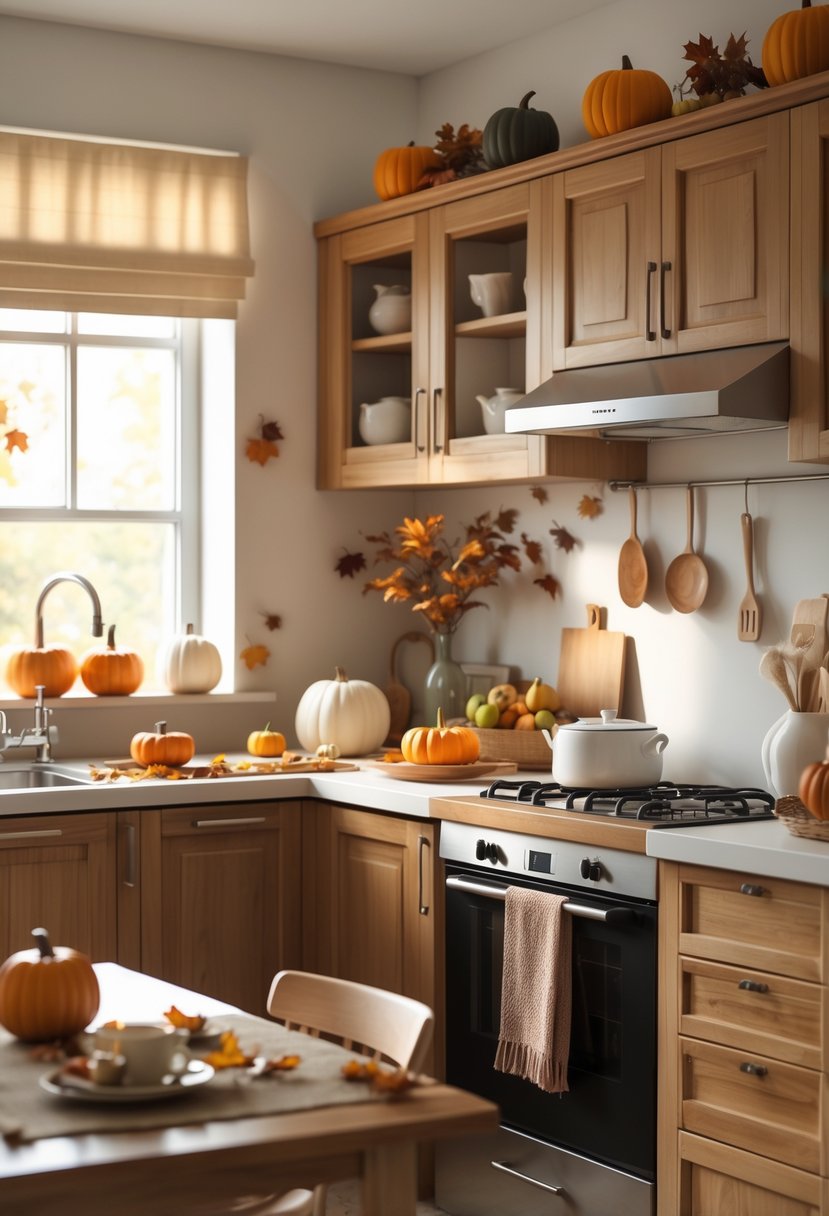 A cozy kitchen with warm autumn decorations including small pumpkins and leaves on a wooden countertop, soft natural light coming through a window, and a steaming cup of tea on the table.