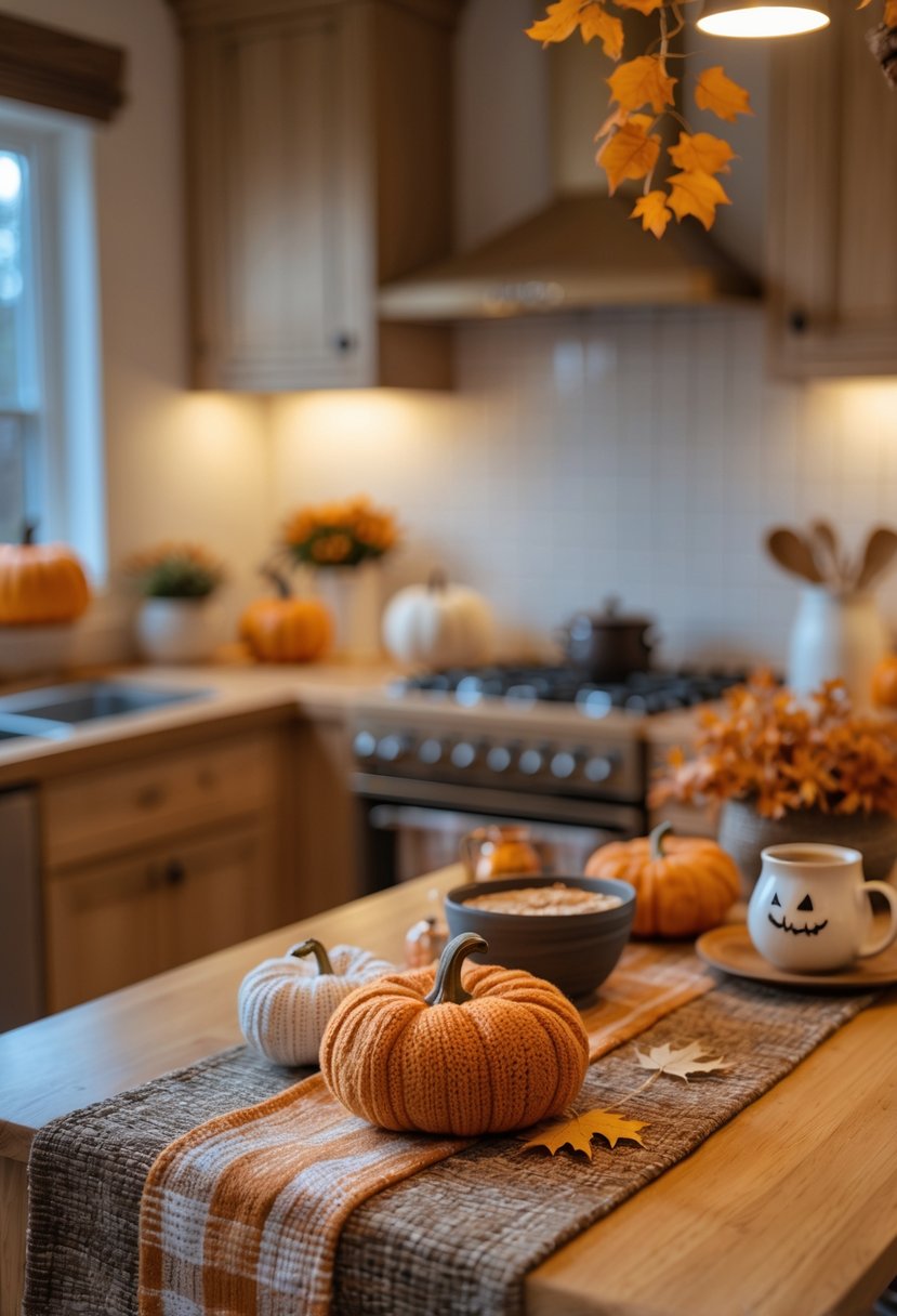A cozy kitchen with warm textile accents and subtle Halloween decorations including pumpkins and autumn leaves on the countertop.