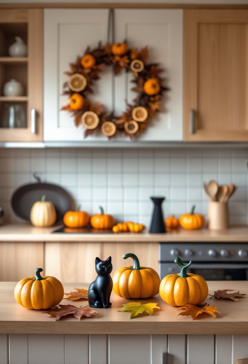 A cozy kitchen with small Halloween decorations including miniature pumpkins, gourds, a black cat figurine, and a wreath made of dried orange slices and cinnamon sticks.