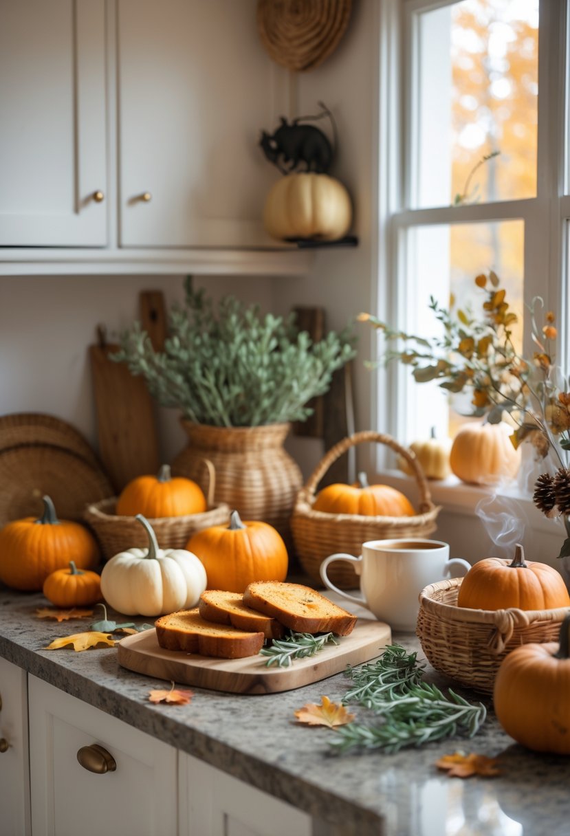 A cozy kitchen countertop decorated with small pumpkins, gourds, dried leaves, fresh herbs, and seasonal produce, illuminated by soft natural light.