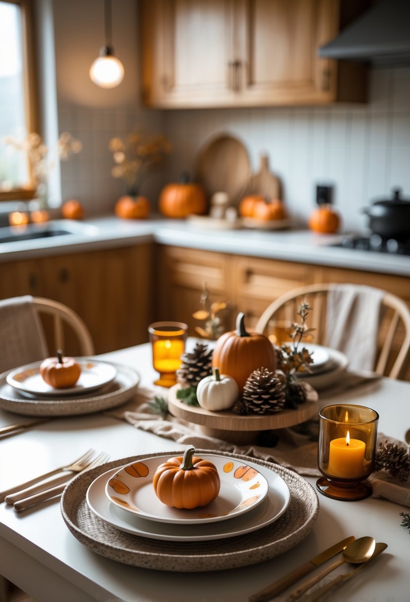 A kitchen table set with autumn-themed dishes, small pumpkins, pinecones, and dried leaves in a softly lit kitchen.