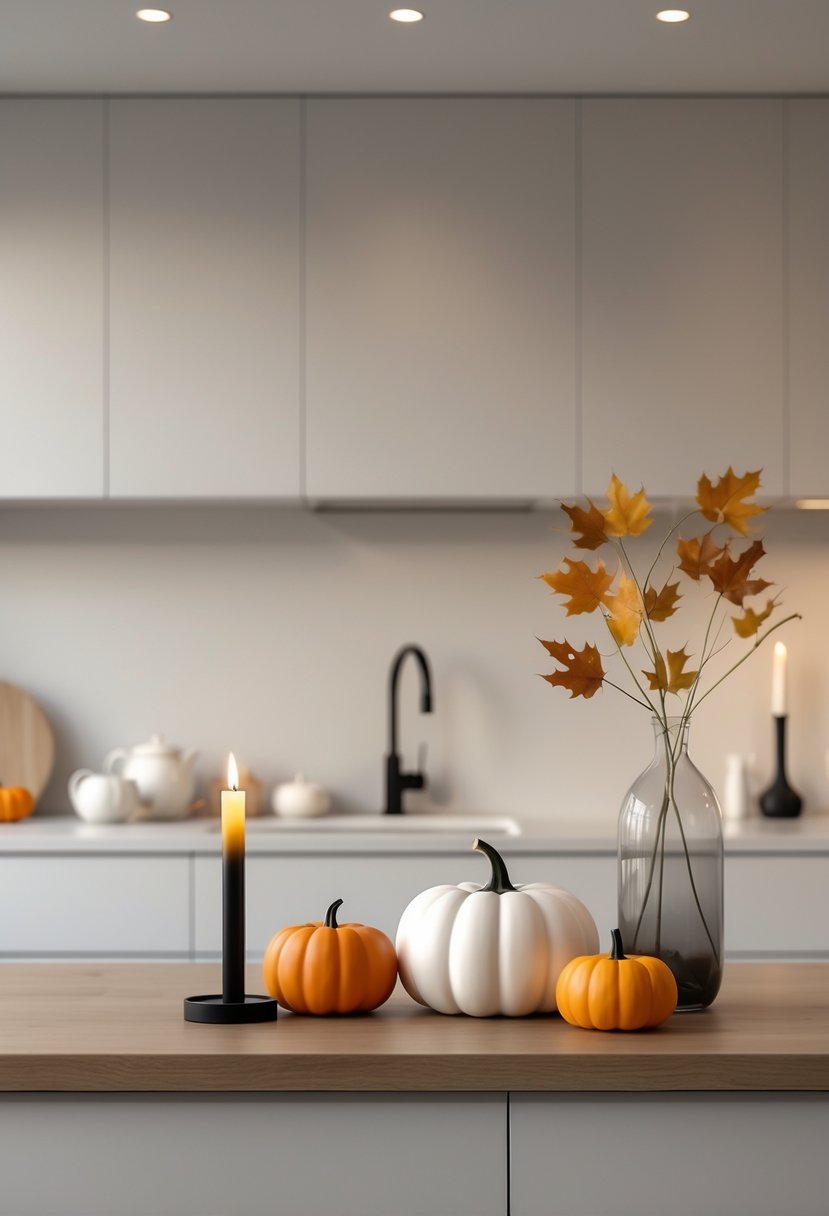A modern kitchen countertop with small white and orange pumpkins, a lit black candle, and dried autumn leaves in a glass vase.