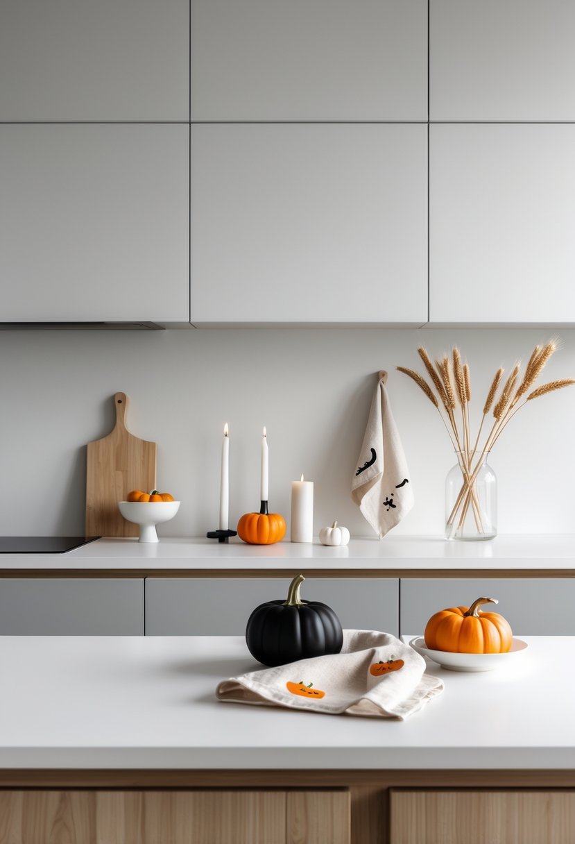 A modern kitchen countertop with simple Halloween decorations including a black pumpkin, white candles, dried wheat in a glass vase, and small orange pumpkins, all arranged neatly with natural light.