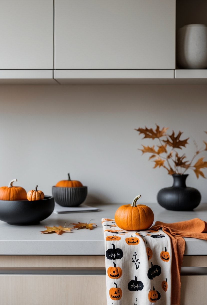 A modern kitchen countertop with subtle Halloween decorations including pumpkin-patterned towels, miniature pumpkins, and dried autumn leaves.