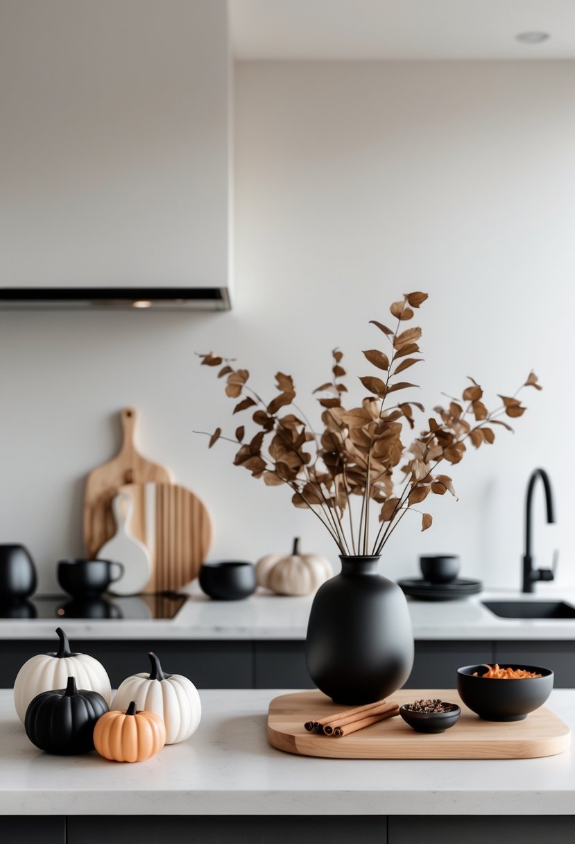 A modern kitchen countertop with small pumpkins, dried autumn leaves in a vase, cinnamon sticks, and neatly arranged kitchenware.