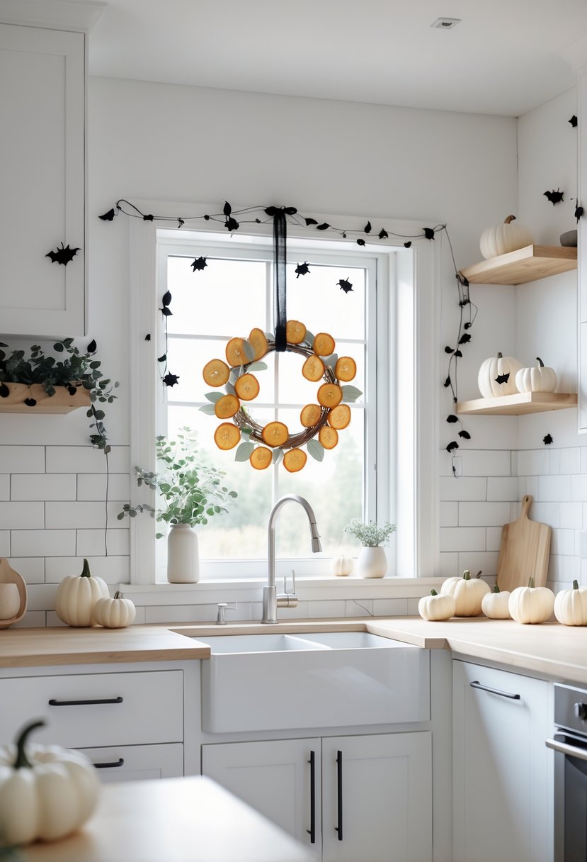 A modern kitchen with minimalist Halloween wreath and garland decorations featuring dried orange slices, small pumpkins, and simple black and white paper cutouts.