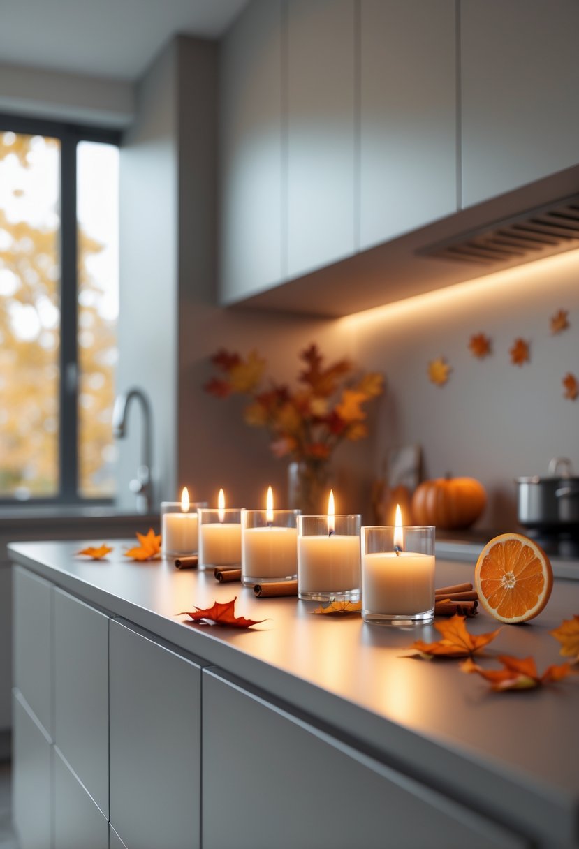 A minimalist kitchen countertop with lit candles and autumn decorations including dried orange slices, cinnamon sticks, and autumn leaves.