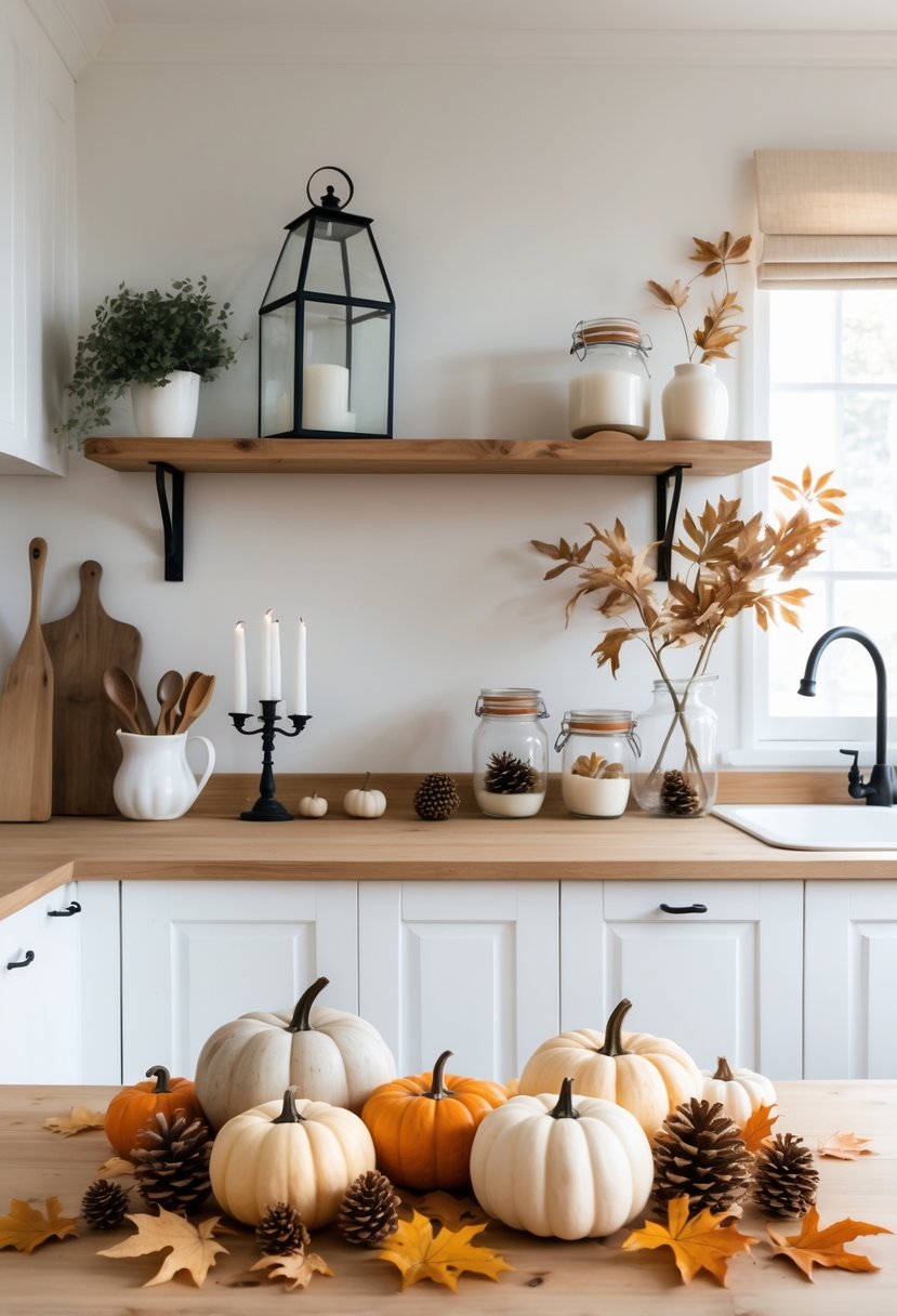 A bright kitchen countertop decorated with small pumpkins, dried leaves, vintage glass jars, and candles, creating a warm festive atmosphere.