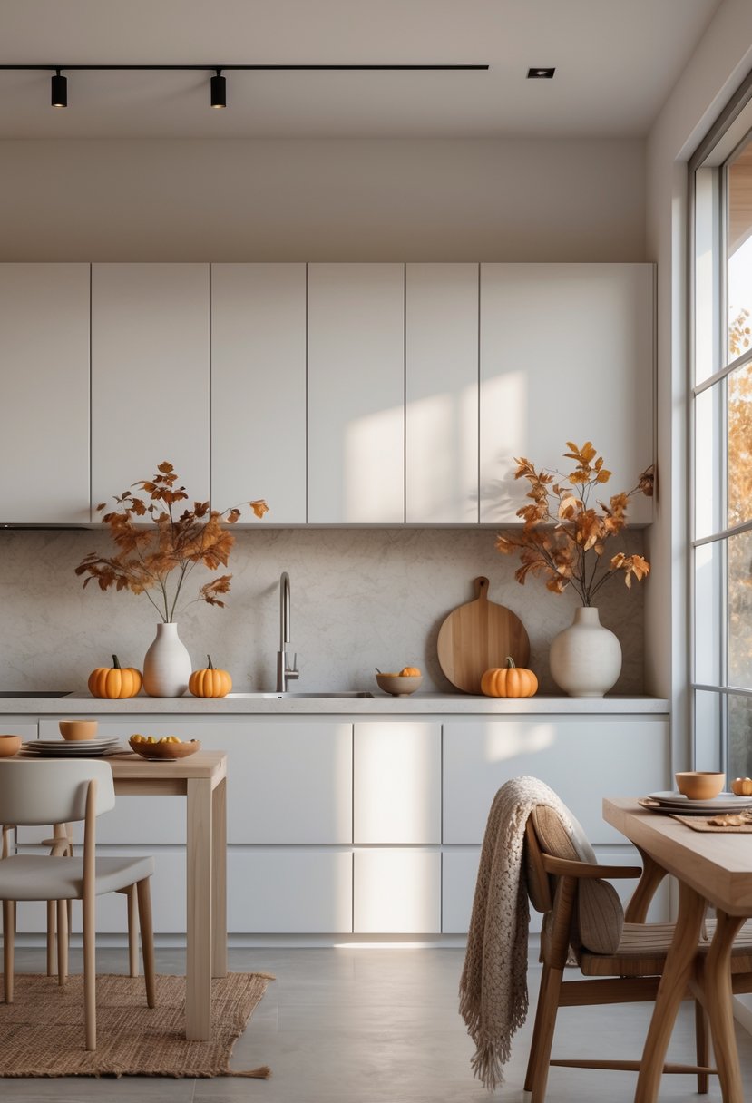 A bright modern kitchen with white cabinets, a wooden dining table, and autumn decorations including pumpkins and fall leaves.