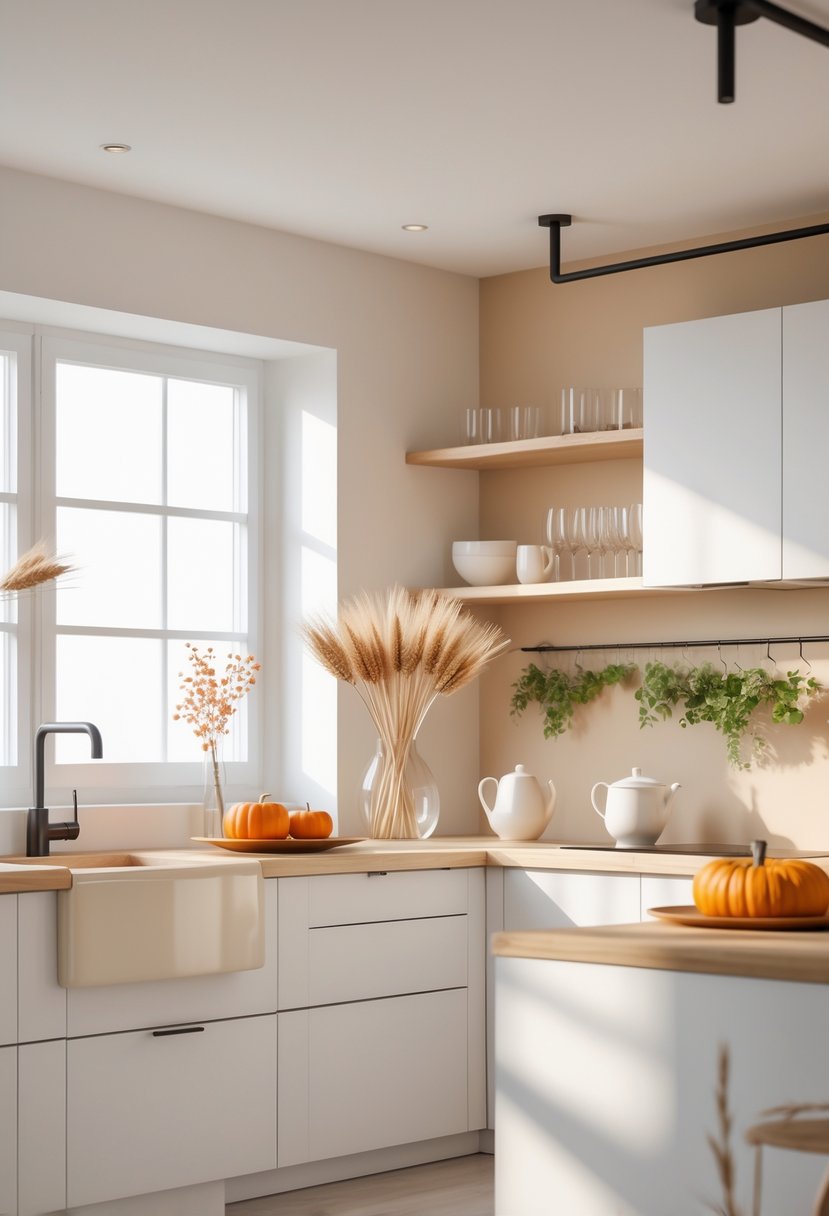 A bright kitchen with white cabinets, wood countertops, fall decorations like pumpkins and wheat stalks, and natural light coming through large windows.